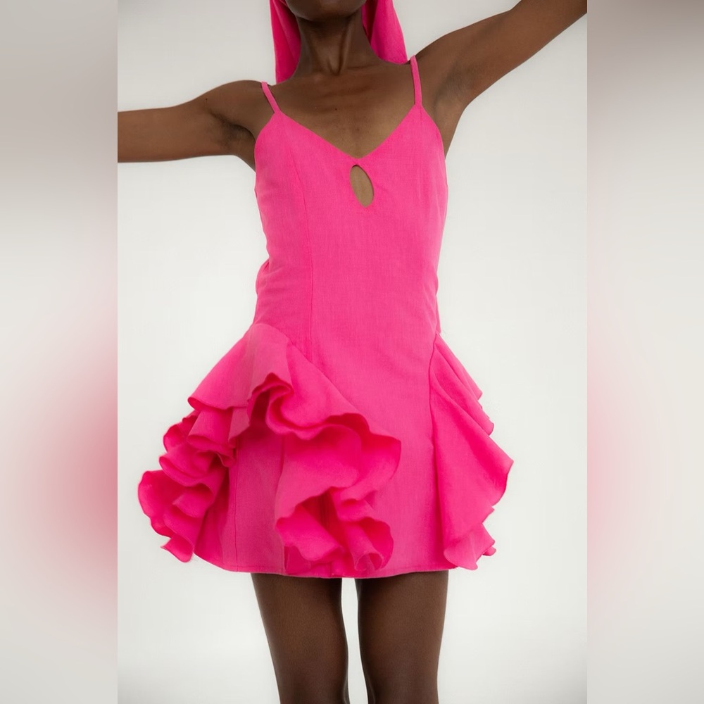 TACH Pink Ruffle Mini Linen Sun Dress